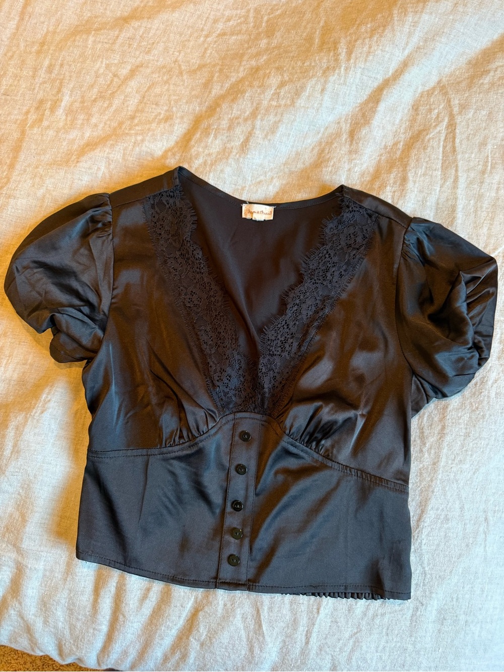 Hem & Thread Black Lace-Trim Puff Sleeve Crop Top